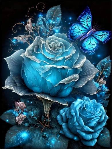 Malen nach Zahlen Blaue Rosen mit Schmetterlingen 40 × 50 cm