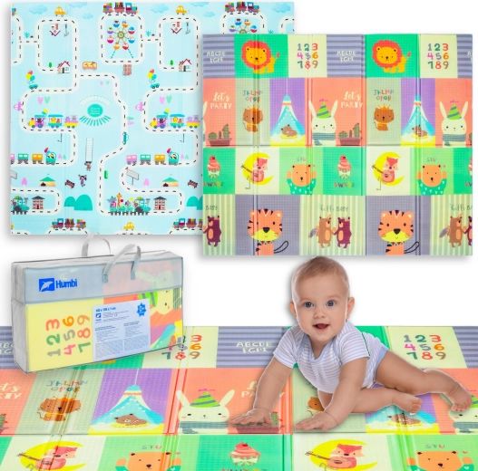 Humbi beidseitige faltbare Schaumstoffmatte für Kinder 180 × 150 × 1 cm mit Tieren und Straßen