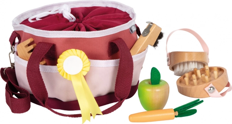 Pflegeset für Pferde mit roter Tasche