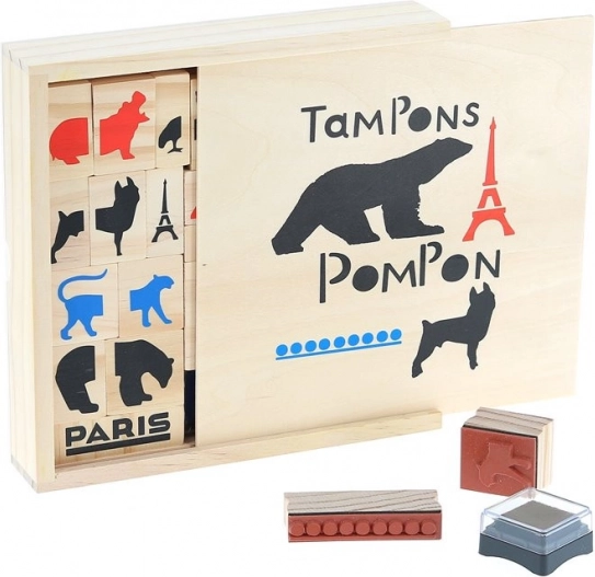 Holzstempel POMPON TOYS – kreatives Set 23 Stk. mit Tinten