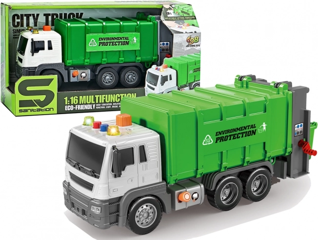 Grüner Müllwagen mit Schwungradmotor und Soundeffekten 1:16