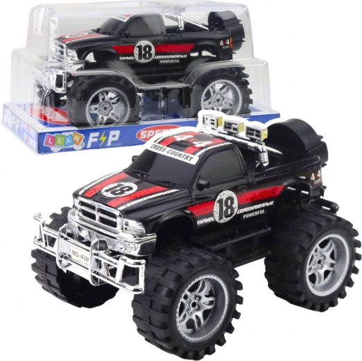 Geländewagen mit Hinterradantrieb, große Räder, rot‑schwarz