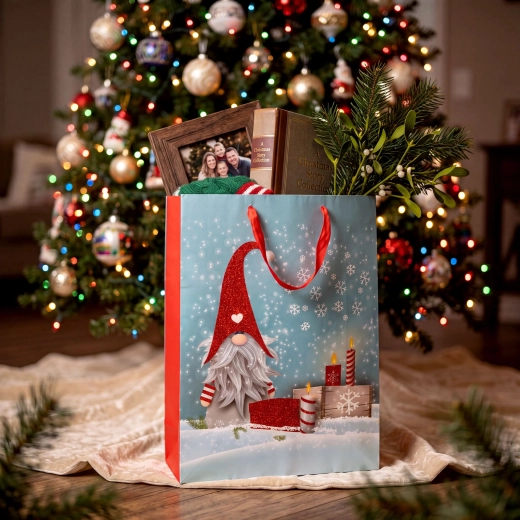 Weihnachtliche Geschenktüte mit Wichtelmotiv und Glitzer 31 × 42 × 12 cm – 1 Stück