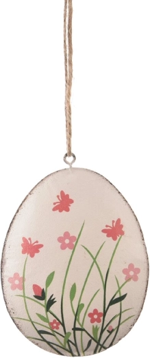 Hängendes metallisches Osterei in Weiß mit Blumenmotiv, 11 cm