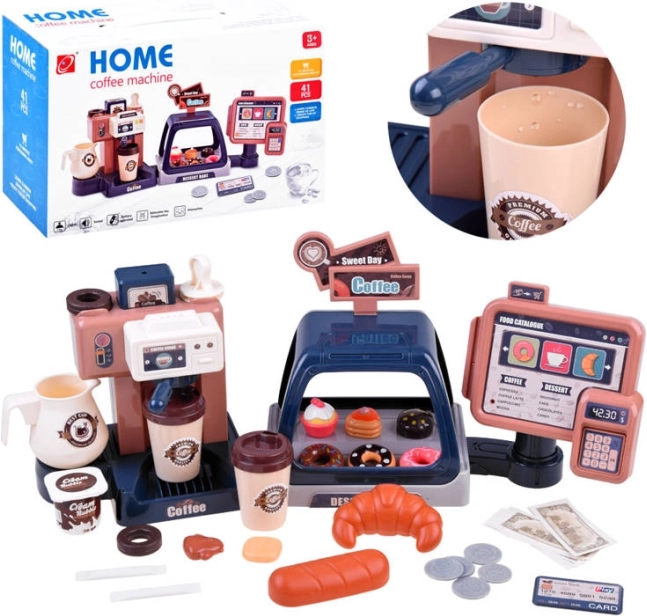 Kinder-Café mit Kaffeemaschine, Kasse und Vitrine – 41‑teiliges Set