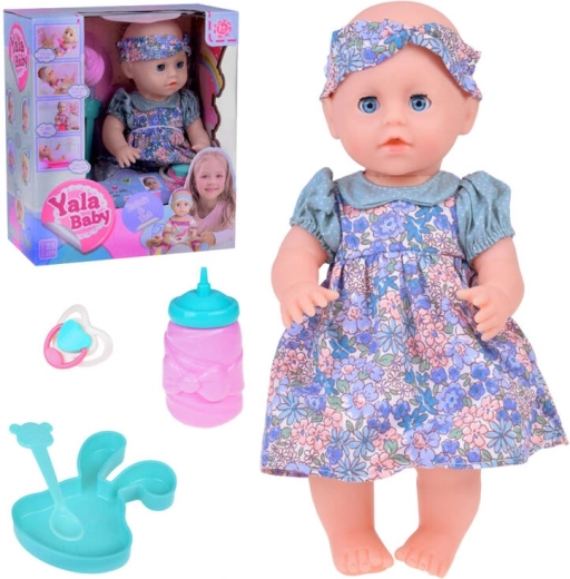 Gummipuppe Baby mit Zubehör, trinkt und macht Pipi, schließt die Augen