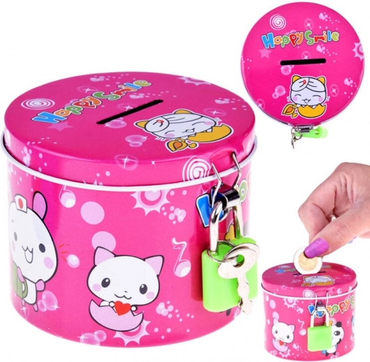 Rosa Metall-Spardose mit Vorhängeschloss Happy Smile