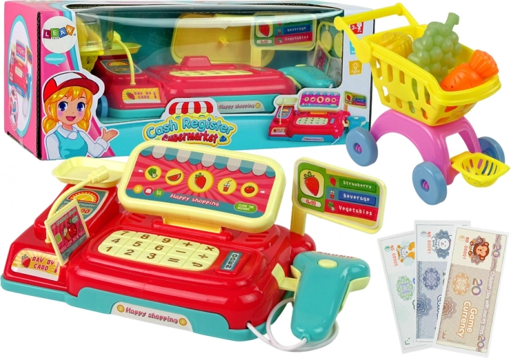 Kinderkasse mit Einkaufskorb und Scanner