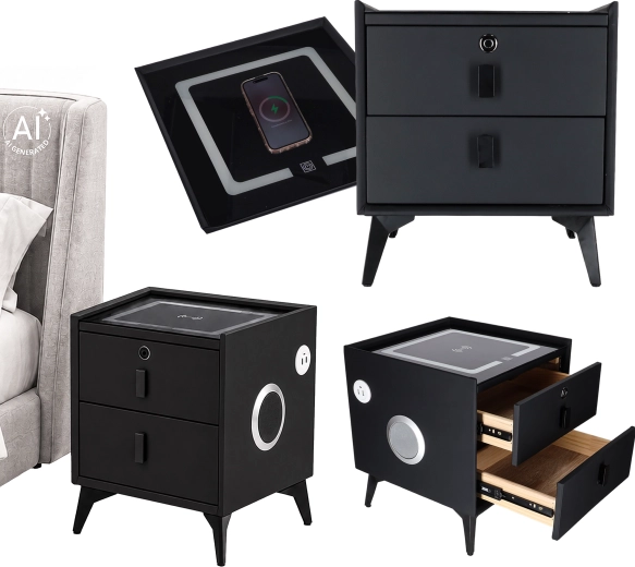 Smart-Nachttisch mit Fingerabdruck, kabellosem Laden und Bluetooth-Lautsprechern, schwarz 45 × 40 × 40 cm