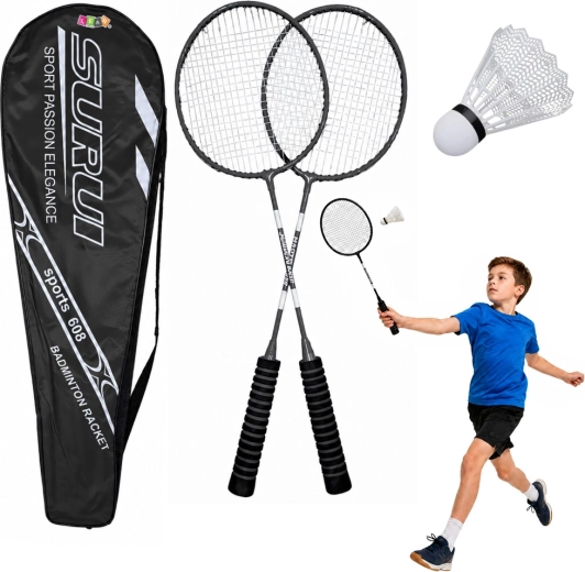 Badminton-Set mit 2 Schlägern, Federball und Hülle – schwarz