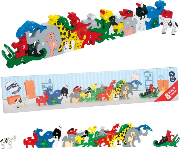 Holzpuzzle mit Tieren, Buchstaben und Zahlen von Small Foot