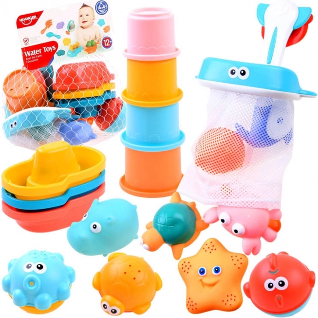 Buntes Badespielzeug-Set mit Organizer, Booten und Tiertchen