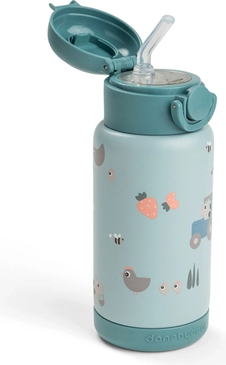 Done by Deer Thermoflasche mit Trinkhalm Tiny farm blau 340 ml