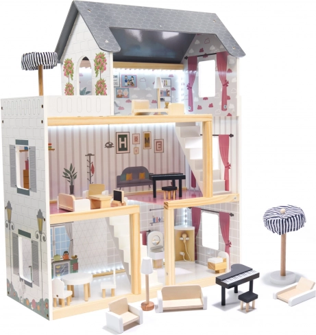 Puppenhaus aus MDF-Holz, schwarz, 78 cm mit LED-Beleuchtung