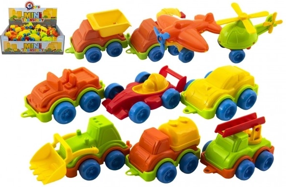 Mini-Fahrzeuge aus Kunststoff 10–12 cm, Freilauf, Mix verschiedener Arten (Box 42 Stk.)