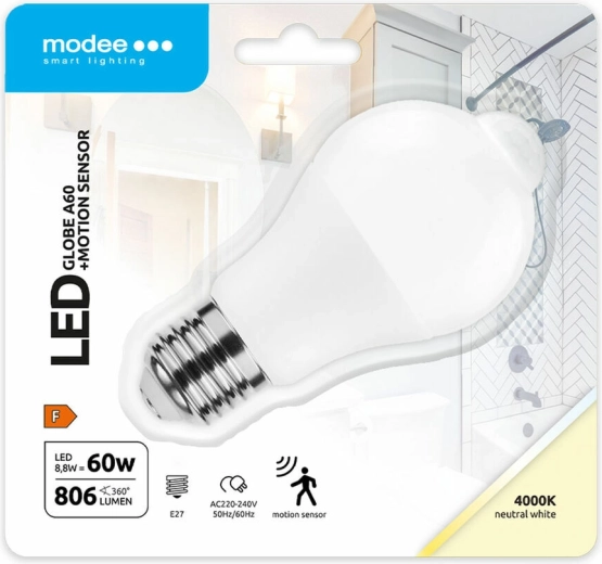 Modee Lighting smarte LED-Lampe A60 8,8 W E27, neutralweiß mit PIR-Bewegungssensor