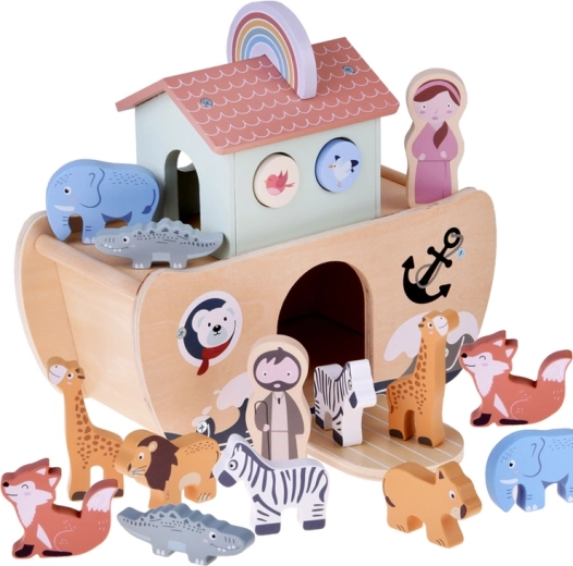 Holze­ne Arche Noah mit Tierfiguren