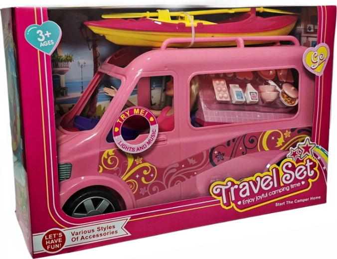 Rosa Campingwagen für eine Puppe mit Licht, Sound und Zubehör – 1 Stück