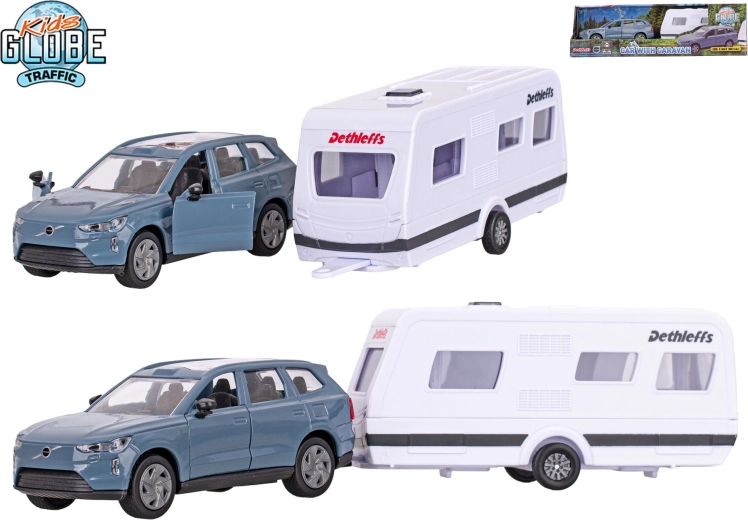 Kids Globe Traffic Volvo EX90 mit Dethleffs-Wohnwagen – Metallmodell mit Pull-Back-Antrieb