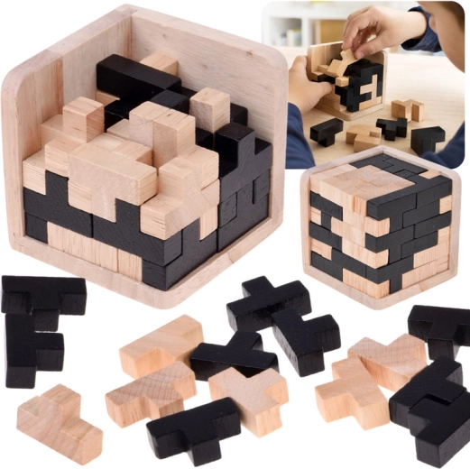 Hölzerner 3D-Logikwürfel Tetris schwarz-natur