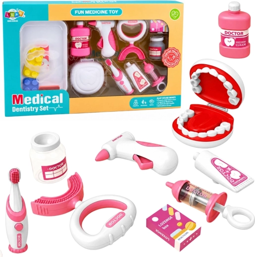 Kinder-Zahnarzt-Set mit vibrierender Zahnbürste, rosa, 15 Teile