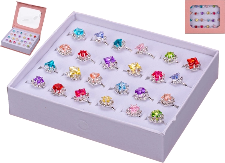 Set aus 24 Kinder-Metallringen mit bunten Steinchen