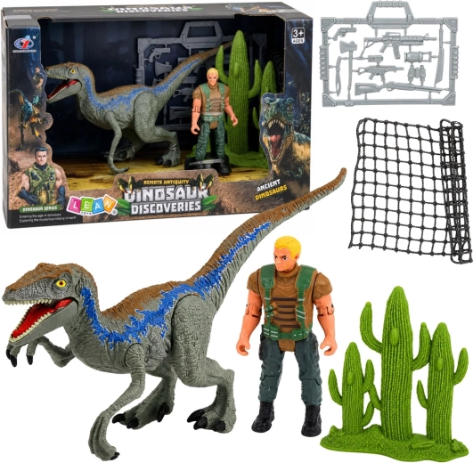 Set: Dinosaurier- und Jägerfigur mit beweglichen Gliedmaßen, Netz und Zubehör – 1 Stück