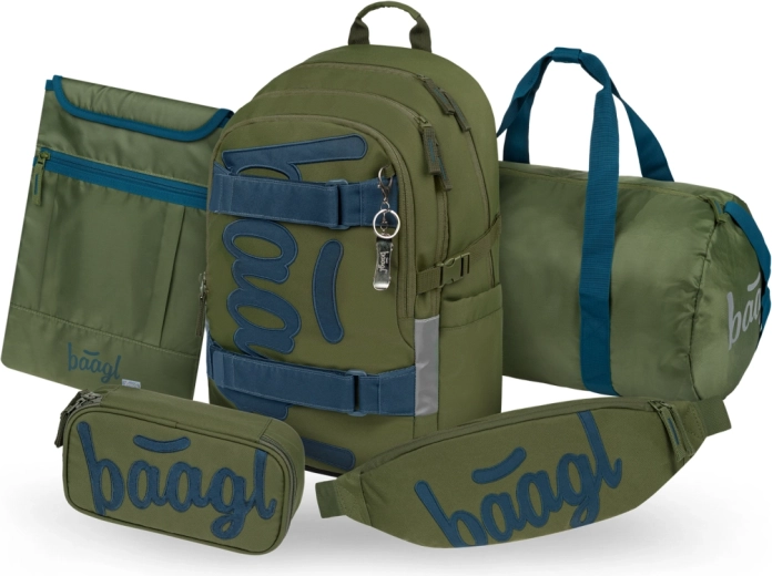 BAAGL Set 5 Skate Olive – Schulrucksack, Federmäppchen, Sporttasche, Bauchtasche und Laptop-Hülle mit GRS-Zertifikat