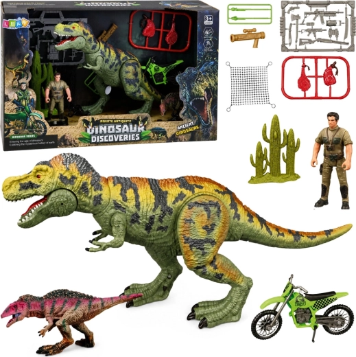Kinder-Set mit Dinosauriern: T-Rex mit Sounds, Jäger und Motorrad