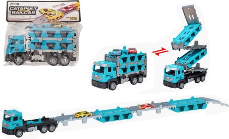 Autotransporter mit ausklappbarer Rennstrecke – Set aus Laster und 2 Autos