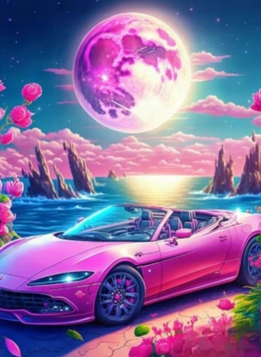 Diamantmalerei – Cabrio im rosafarbenen Paradies 30 × 40 cm