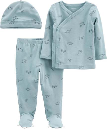 Carter’s 3-teiliges Baby-Set Blue Dino – Wickelshirt mit langen Ärmeln, Fußhöschen und Mütze