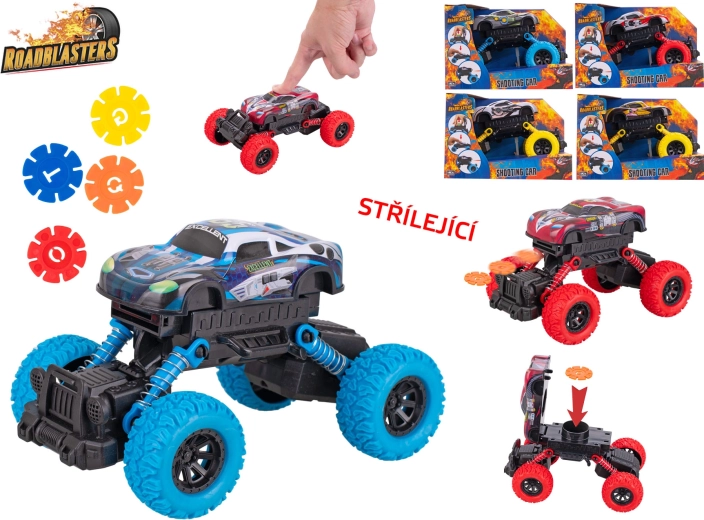 Roadblasters Auto mit großen Rädern – Metallmodell 17 cm mit Schwungradantrieb und Scheibenabschuss