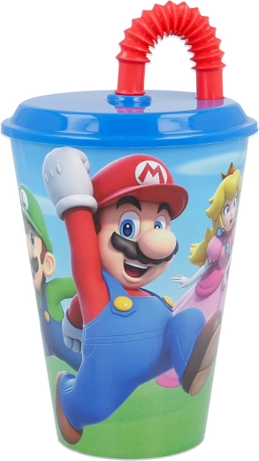 Nintendo Super Mario Kinder-Trinkbecher mit Deckel und Strohhalm 430 ml