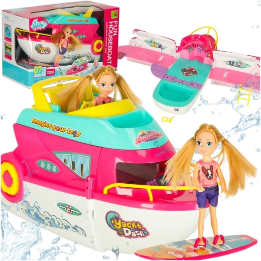 Aufklappbare Party-Jacht für Puppen mit Motorboot und Surfbrett