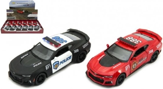 Kinsmart Chevrolet Camaro – Polizeiwagen und Feuerwehrfahrzeug mit Rückzug, 12 cm