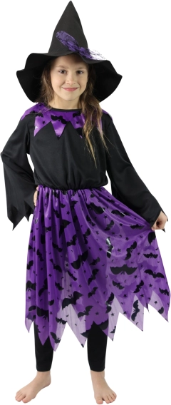 Kinder Hexenkostüm mit Hut und Fledermausmotiv (Größe S)