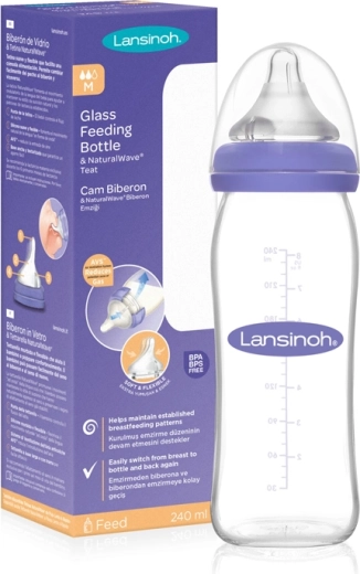 Lansinoh Glas-Babyflasche mit NaturalWave Sauger (M) 240 ml