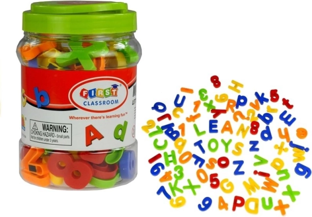 Magnetische Buchstaben und Zahlen in einer Dose mit 78 Elementen