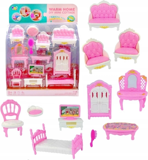 Rosa-weiße Möbel für ein Puppenhaus – Set mit 12 Stk.