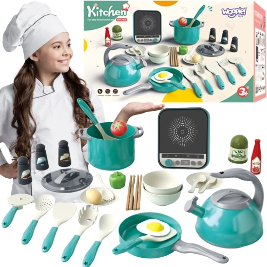 Woopie Küchenset für kleine Köche mit Induktionskochfeld, Kochgeschirr und Wasserkocher – 30 Teile