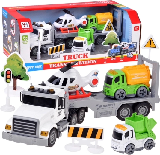 Kinder-Transportabschleppwagen mit Helikopter, Kipper, Betonmischer und Verkehrszubehör