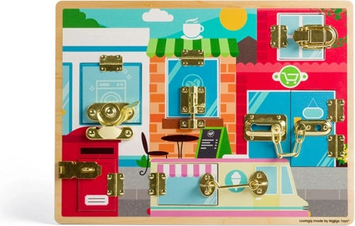 Bigjigs Toys hölzerne Motoriktafel mit Riegeln und Schlössern