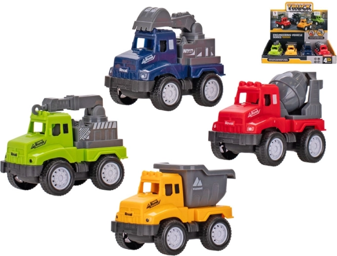 Baufahrzeuge mit Rückziehantrieb 9–10 cm, Set mit 4 Varianten