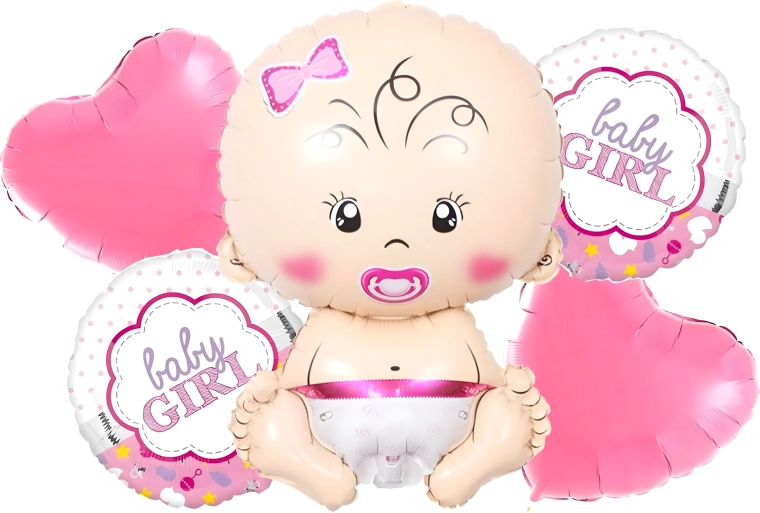 Ballons für Babyshower für ein Mädchen – Set mit 5 Stück, Sternchen und Baby-Motiv