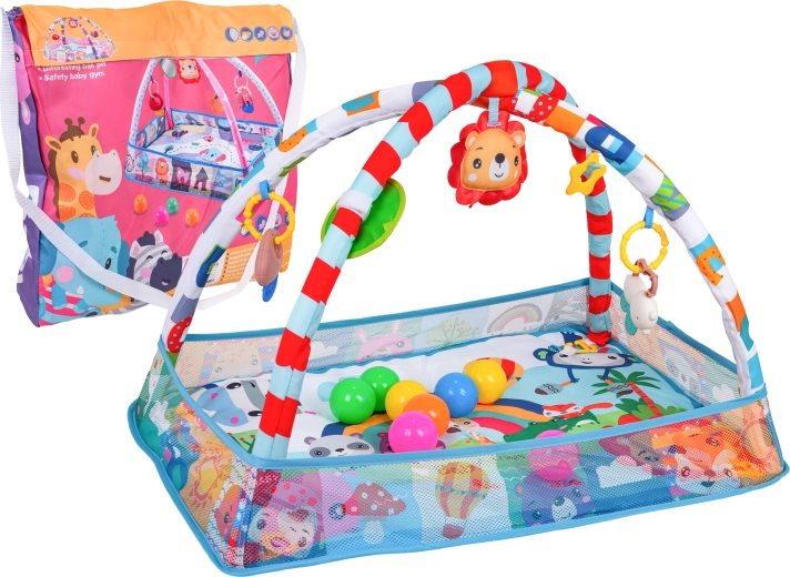 Spielmatte für Kinder und Trockenspielbecken mit Spielbogen und Hängespielzeug