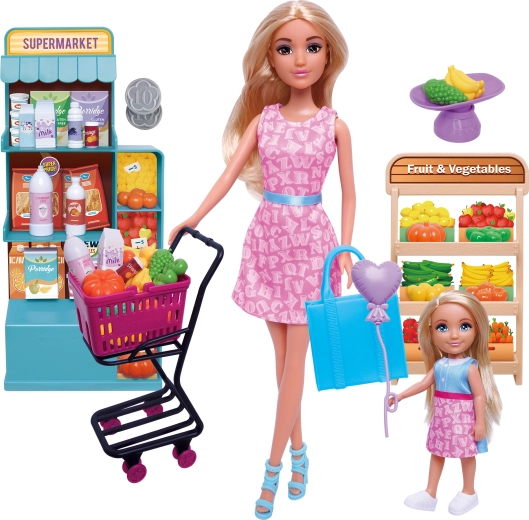 Puppenset mit Einkaufswagen für den Supermarkt