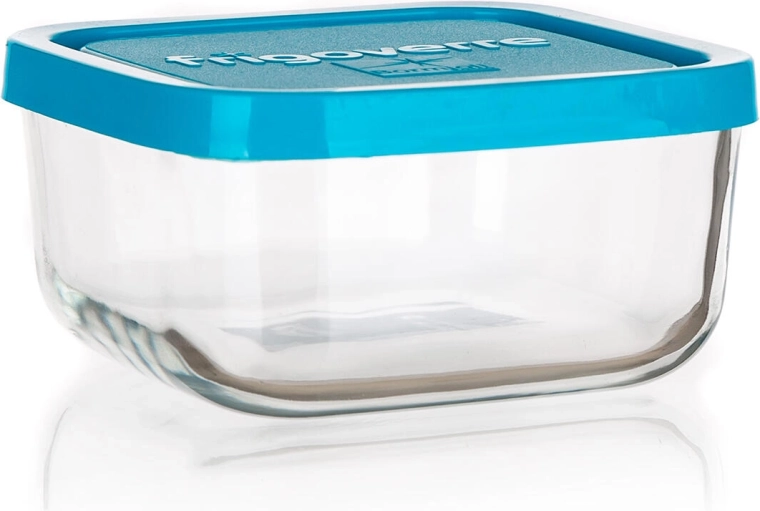 Quadratische Glasdose FRIGOVERRE 2 l mit blauem Deckel