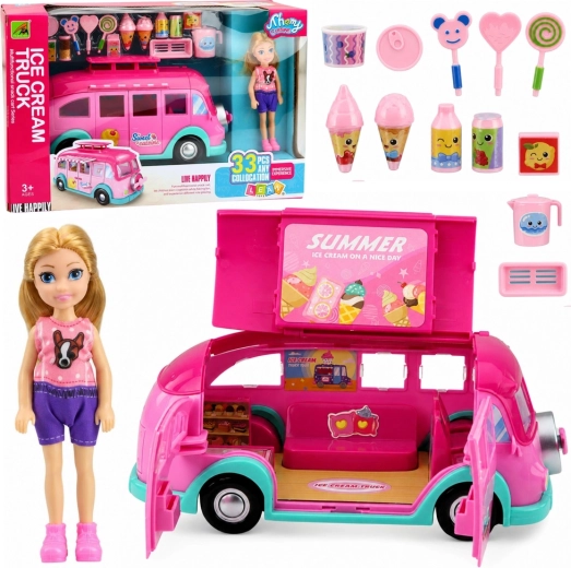 Rosa Eiscreme-Food-Truck mit Puppe und Zubehör, 33 Teile