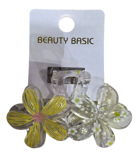 PINK transparenter Haarclip mit zwei Blumen in Gelb - 1 Stück